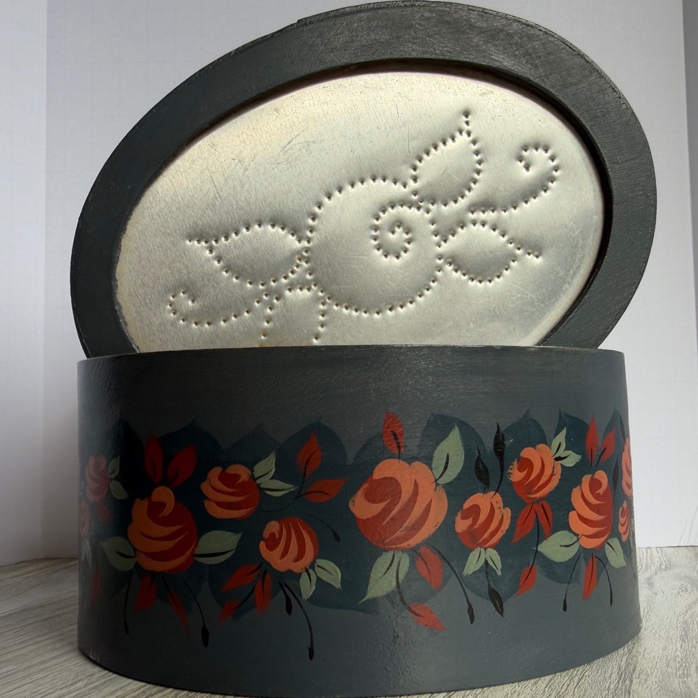 Vintage Folk Art Hand Painted Wooden Oval Box Punched Tin Lid Roses Grannycore